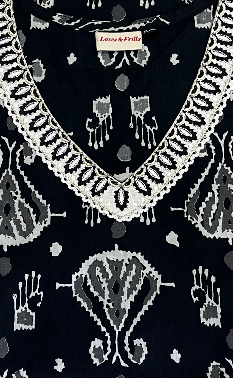 Black Ikkat Jaipur Cotton Kurti With Pant And Dupatta Set  .Pure Versatile Cotton. | Laces and Frills - Laces and Frills