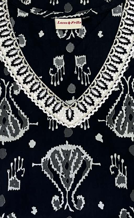 Black Ikkat Jaipur Cotton Kurti With Pant And Dupatta Set  .Pure Versatile Cotton. | Laces and Frills - Laces and Frills
