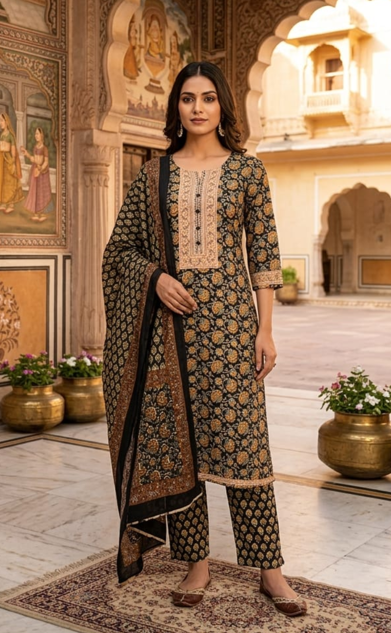 Dark Navy Blue Garden Jaipur Cotton Kurti With Pant And Dupatta Set. Pure Versatile Cotton. | Laces and Frills - Laces and Frills