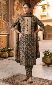 Dark Navy Blue Garden Jaipur Cotton Kurti With Pant And Dupatta Set. Pure Versatile Cotton. | Laces and Frills - Laces and Frills