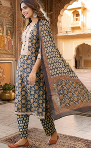 Dark Navy Blue Garden Jaipur Cotton Kurti With Pant And Dupatta Set. Pure Versatile Cotton. | Laces and Frills - Laces and Frills
