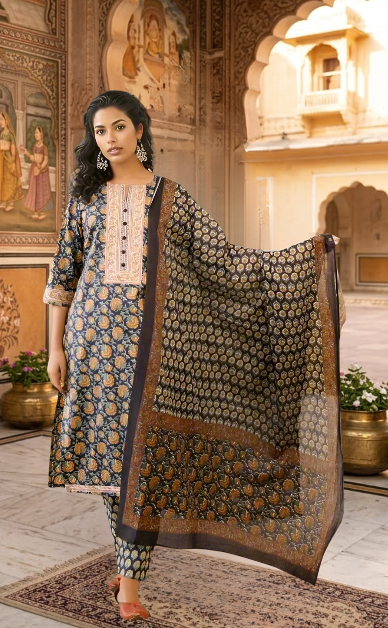 Dark Navy Blue Garden Jaipur Cotton Kurti With Pant And Dupatta Set. Pure Versatile Cotton. | Laces and Frills - Laces and Frills