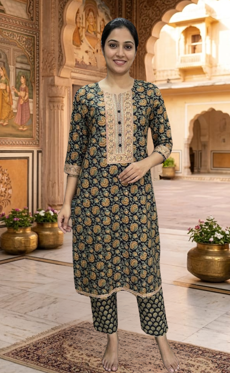 Dark Navy Blue Garden Jaipur Cotton Kurti With Pant And Dupatta Set. Pure Versatile Cotton. | Laces and Frills - Laces and Frills