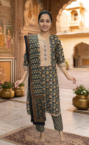 Dark Navy Blue Garden Jaipur Cotton Kurti With Pant And Dupatta Set. Pure Versatile Cotton. | Laces and Frills - Laces and Frills