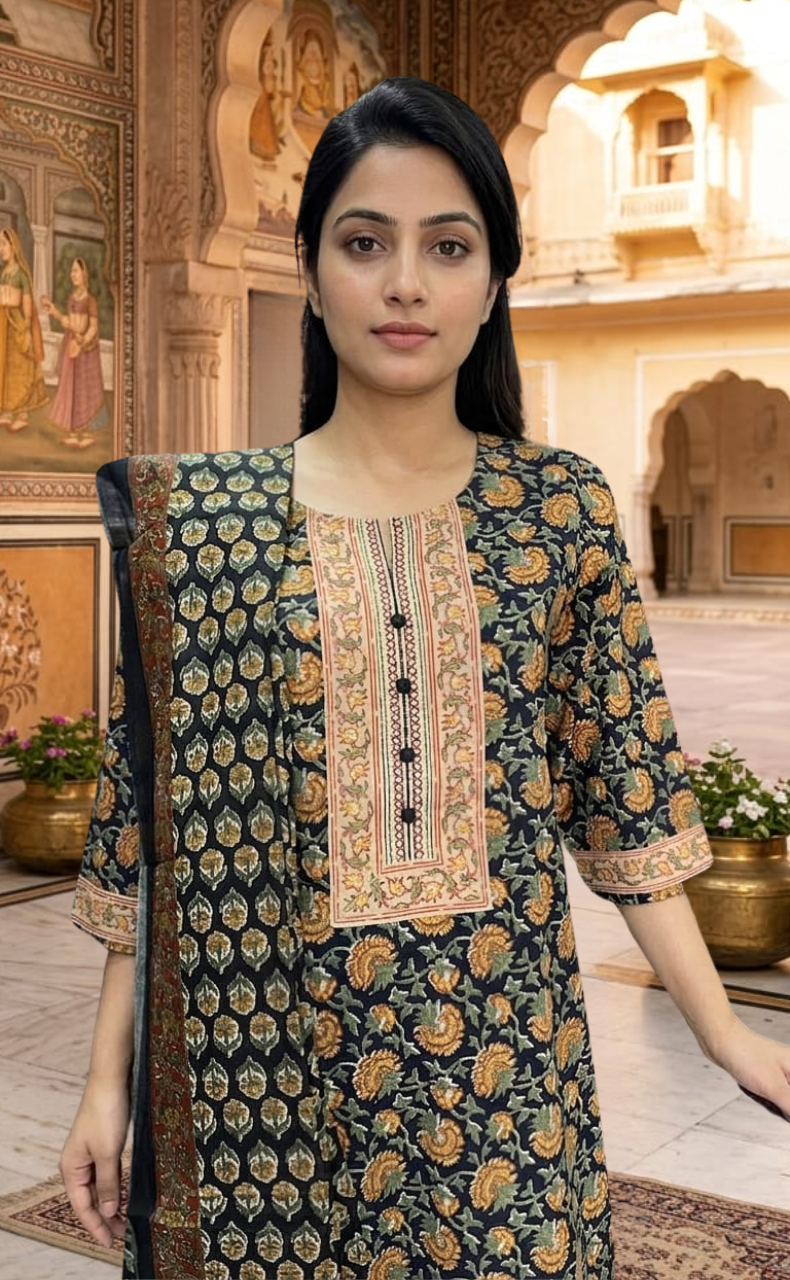 Dark Navy Blue Garden Jaipur Cotton Kurti With Pant And Dupatta Set. Pure Versatile Cotton. | Laces and Frills - Laces and Frills