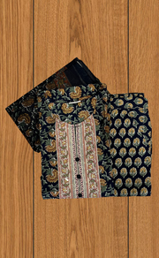 Dark Navy Blue Garden Jaipur Cotton Kurti With Pant And Dupatta Set. Pure Versatile Cotton. | Laces and Frills - Laces and Frills