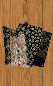 Dark Navy Blue Garden Jaipur Cotton Kurti With Pant And Dupatta Set. Pure Versatile Cotton. | Laces and Frills - Laces and Frills