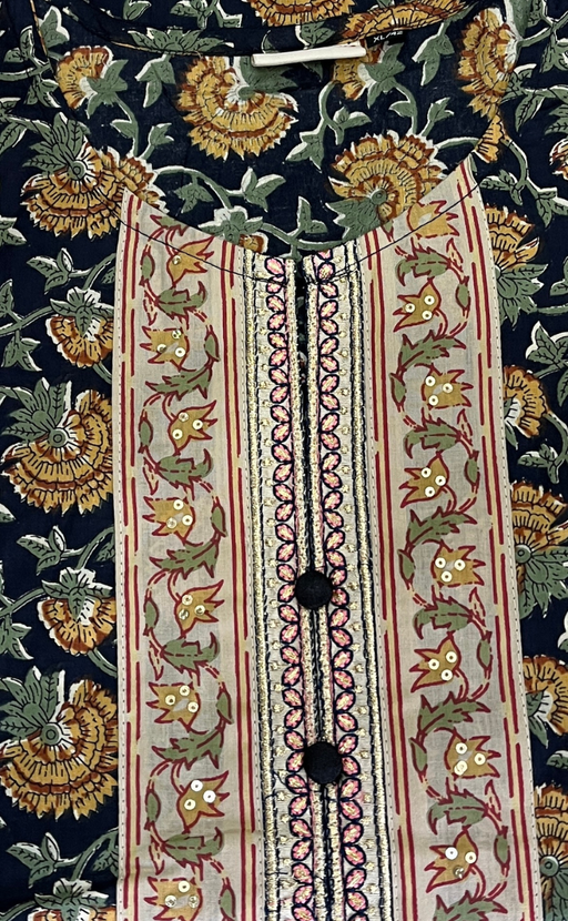 Dark Navy Blue Garden Jaipur Cotton Kurti With Pant And Dupatta Set. Pure Versatile Cotton. | Laces and Frills - Laces and Frills