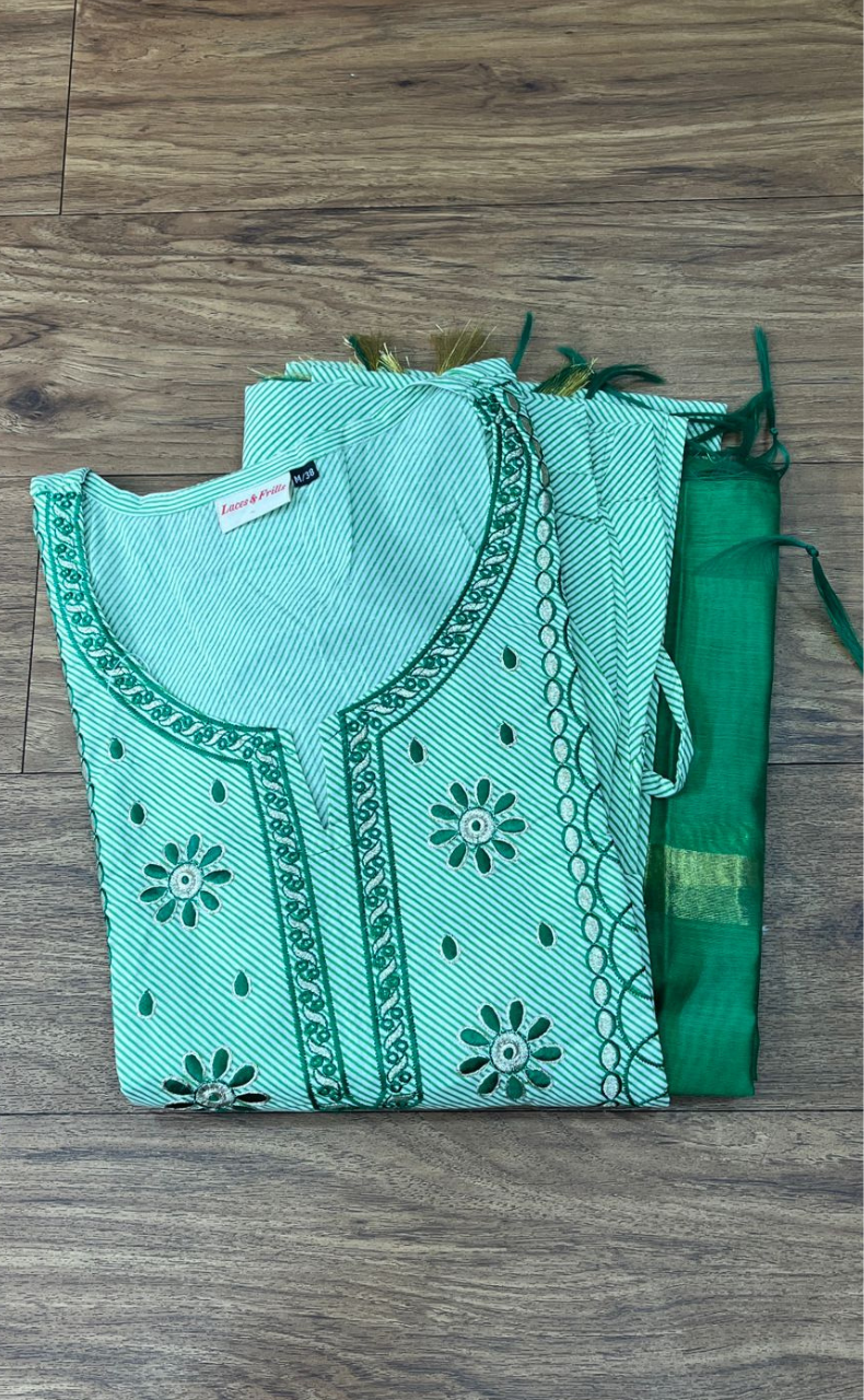 Green Embroidery Kurti With Pant And Dupatta Set.Pure Versatile Cotton. | Laces and Frills - Laces and Frills