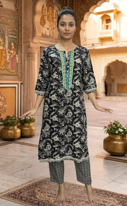 Black Floral Jaipur Cotton Kurti With Pant And Dupatta Set  .Pure Versatile Cotton. | Laces and Frills - Laces and Frills