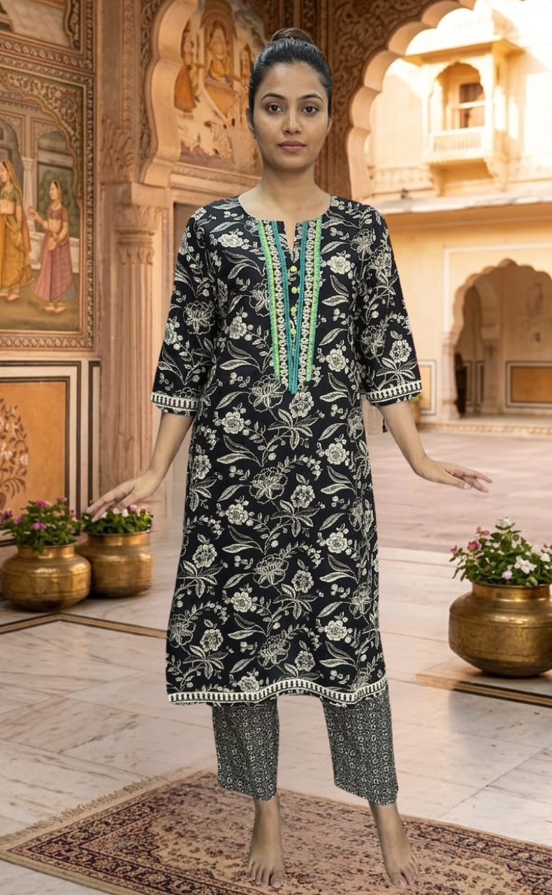 Black Floral Jaipur Cotton Kurti With Pant And Dupatta Set  .Pure Versatile Cotton. | Laces and Frills - Laces and Frills