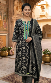Black Floral Jaipur Cotton Kurti With Pant And Dupatta Set  .Pure Versatile Cotton. | Laces and Frills - Laces and Frills