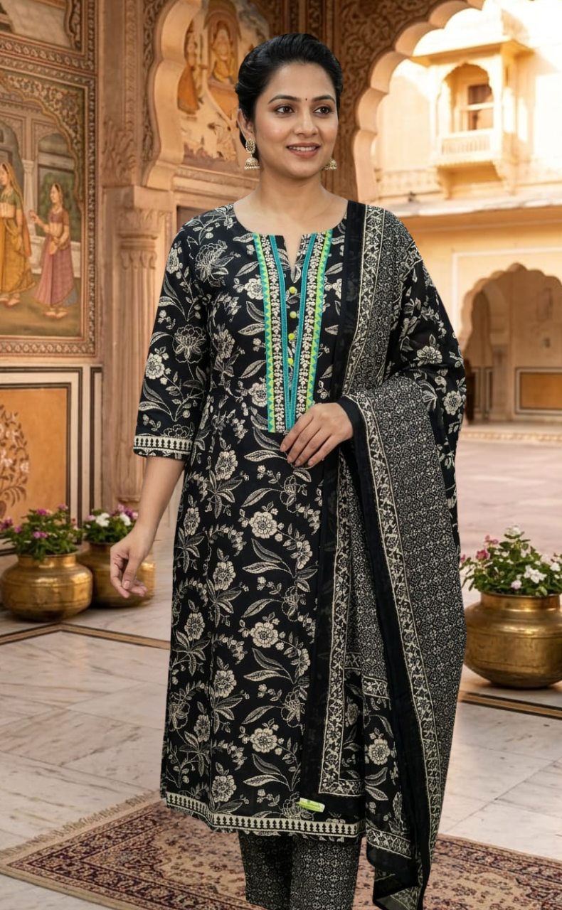 Black Floral Jaipur Cotton Kurti With Pant And Dupatta Set  .Pure Versatile Cotton. | Laces and Frills - Laces and Frills