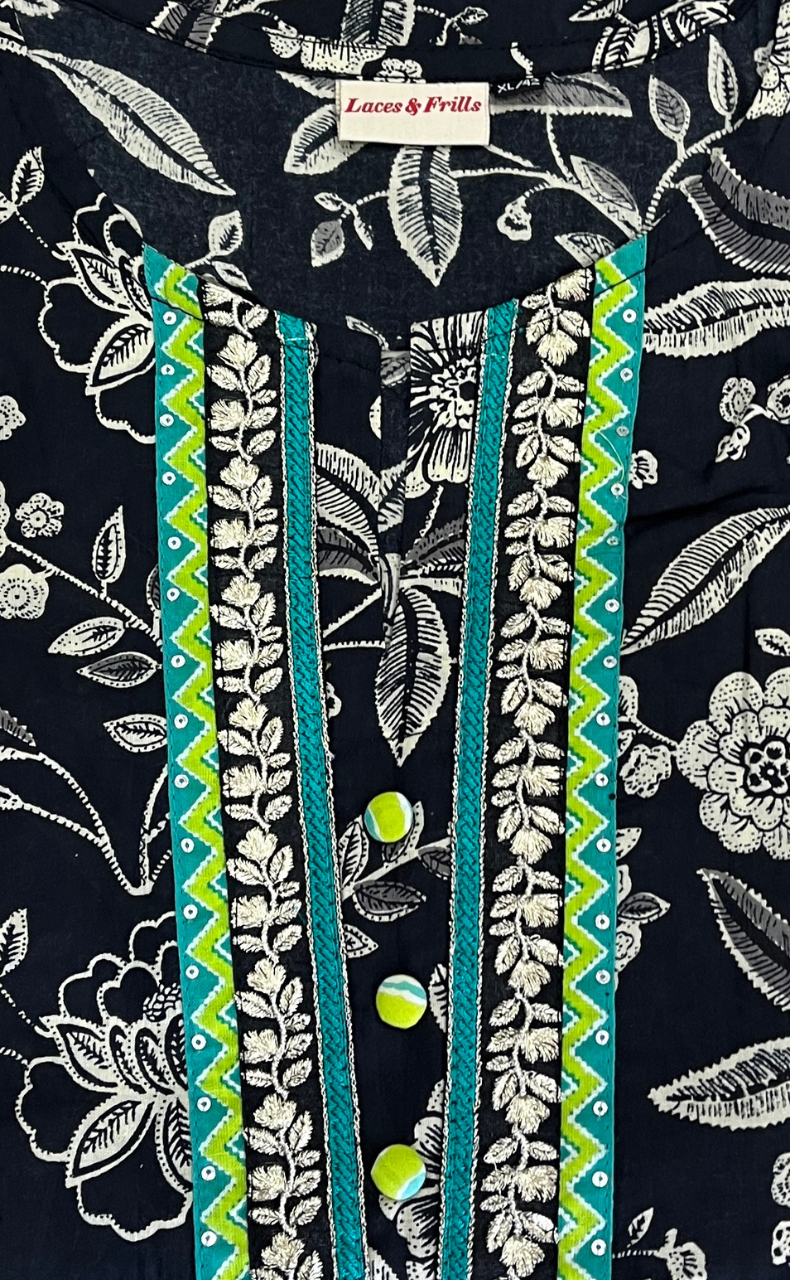 Black Floral Jaipur Cotton Kurti With Pant And Dupatta Set  .Pure Versatile Cotton. | Laces and Frills - Laces and Frills