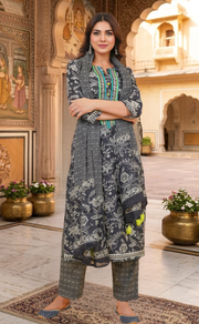 Black Floral Jaipur Cotton Kurti With Pant And Dupatta Set  .Pure Versatile Cotton. | Laces and Frills - Laces and Frills