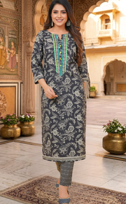 Black Floral Jaipur Cotton Kurti With Pant And Dupatta Set  .Pure Versatile Cotton. | Laces and Frills - Laces and Frills