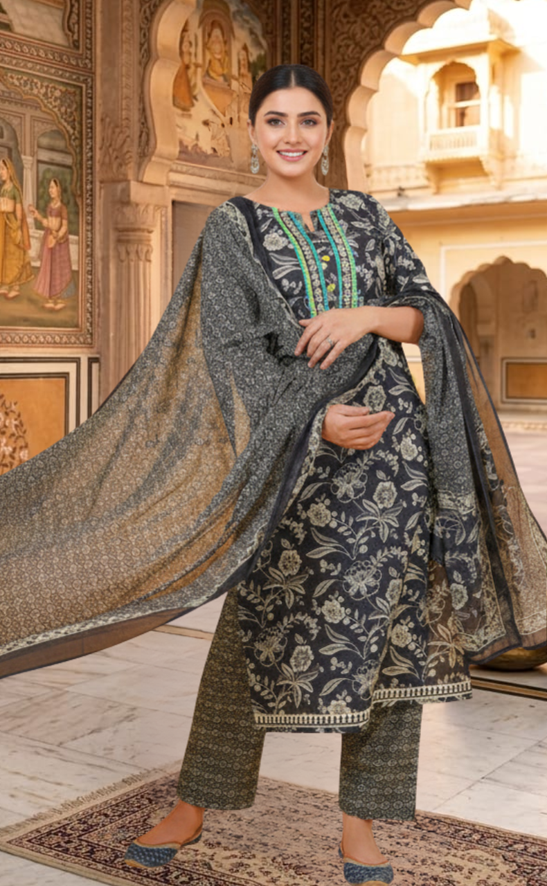 Black Floral Jaipur Cotton Kurti With Pant And Dupatta Set  .Pure Versatile Cotton. | Laces and Frills - Laces and Frills