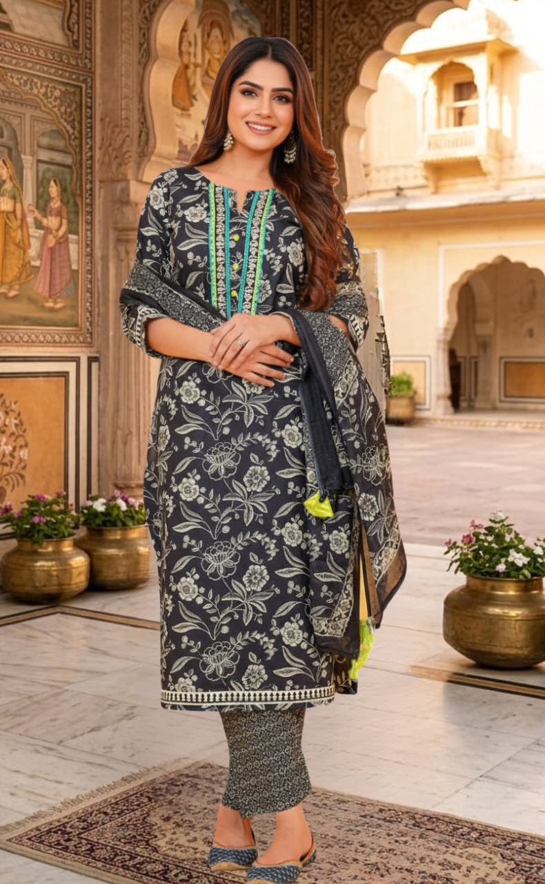 Black Floral Jaipur Cotton Kurti With Pant And Dupatta Set  .Pure Versatile Cotton. | Laces and Frills - Laces and Frills