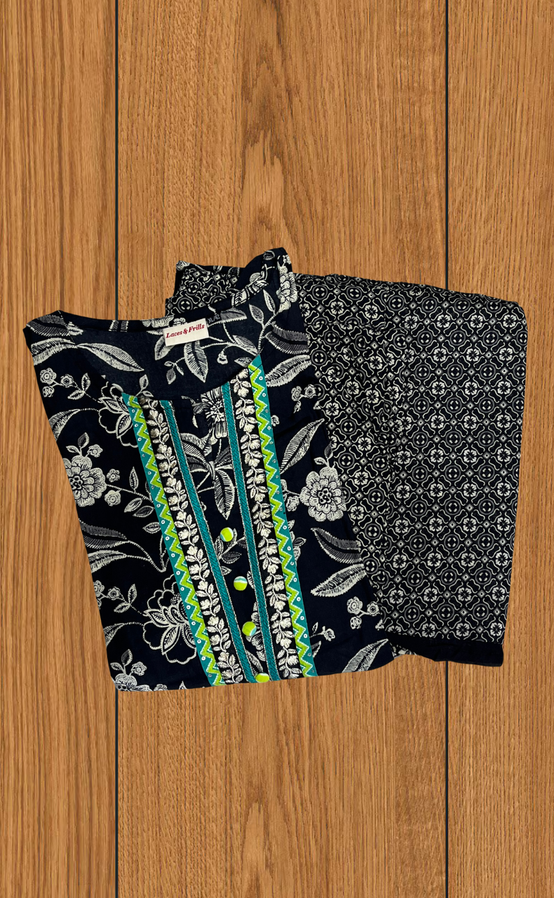 Black Floral Jaipur Cotton Kurti With Pant And Dupatta Set  .Pure Versatile Cotton. | Laces and Frills - Laces and Frills
