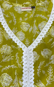 Lime Yellow Floral Jaipur Cotton Kurti With Pant And Dupatta Set.Pure Versatile Cotton. | Laces and Frills - Laces and Frills