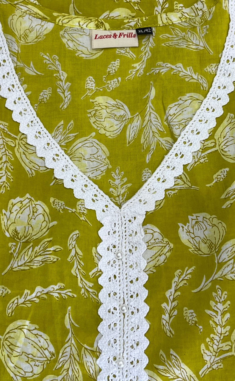 Lime Yellow Floral Jaipur Cotton Kurti With Pant And Dupatta Set.Pure Versatile Cotton. | Laces and Frills - Laces and Frills
