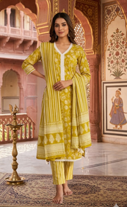 Lime Yellow Floral Jaipur Cotton Kurti With Pant And Dupatta Set.Pure Versatile Cotton. | Laces and Frills - Laces and Frills
