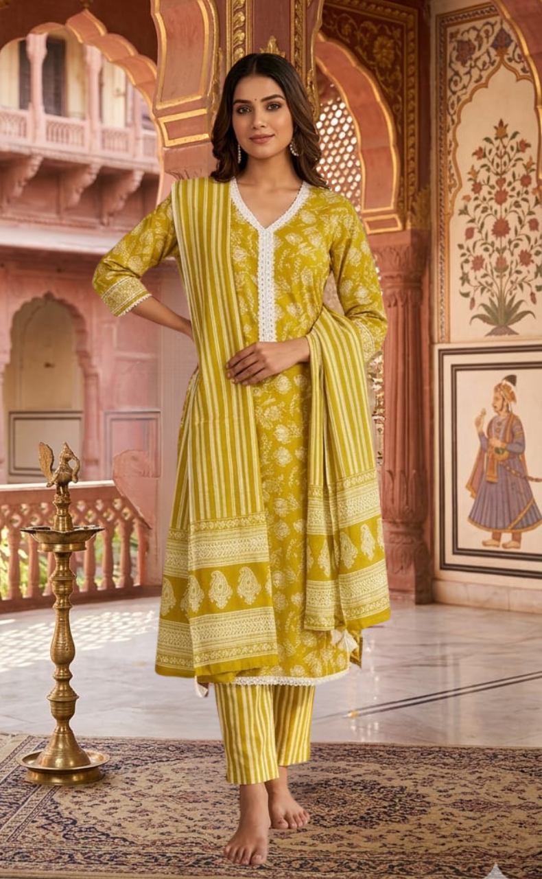 Lime Yellow Floral Jaipur Cotton Kurti With Pant And Dupatta Set.Pure Versatile Cotton. | Laces and Frills - Laces and Frills