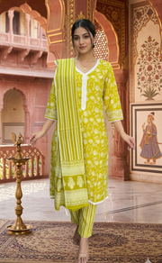 Lime Yellow Floral Jaipur Cotton Kurti With Pant And Dupatta Set.Pure Versatile Cotton. | Laces and Frills - Laces and Frills