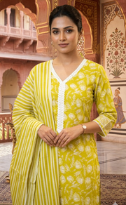 Lime Yellow Floral Jaipur Cotton Kurti With Pant And Dupatta Set.Pure Versatile Cotton. | Laces and Frills - Laces and Frills