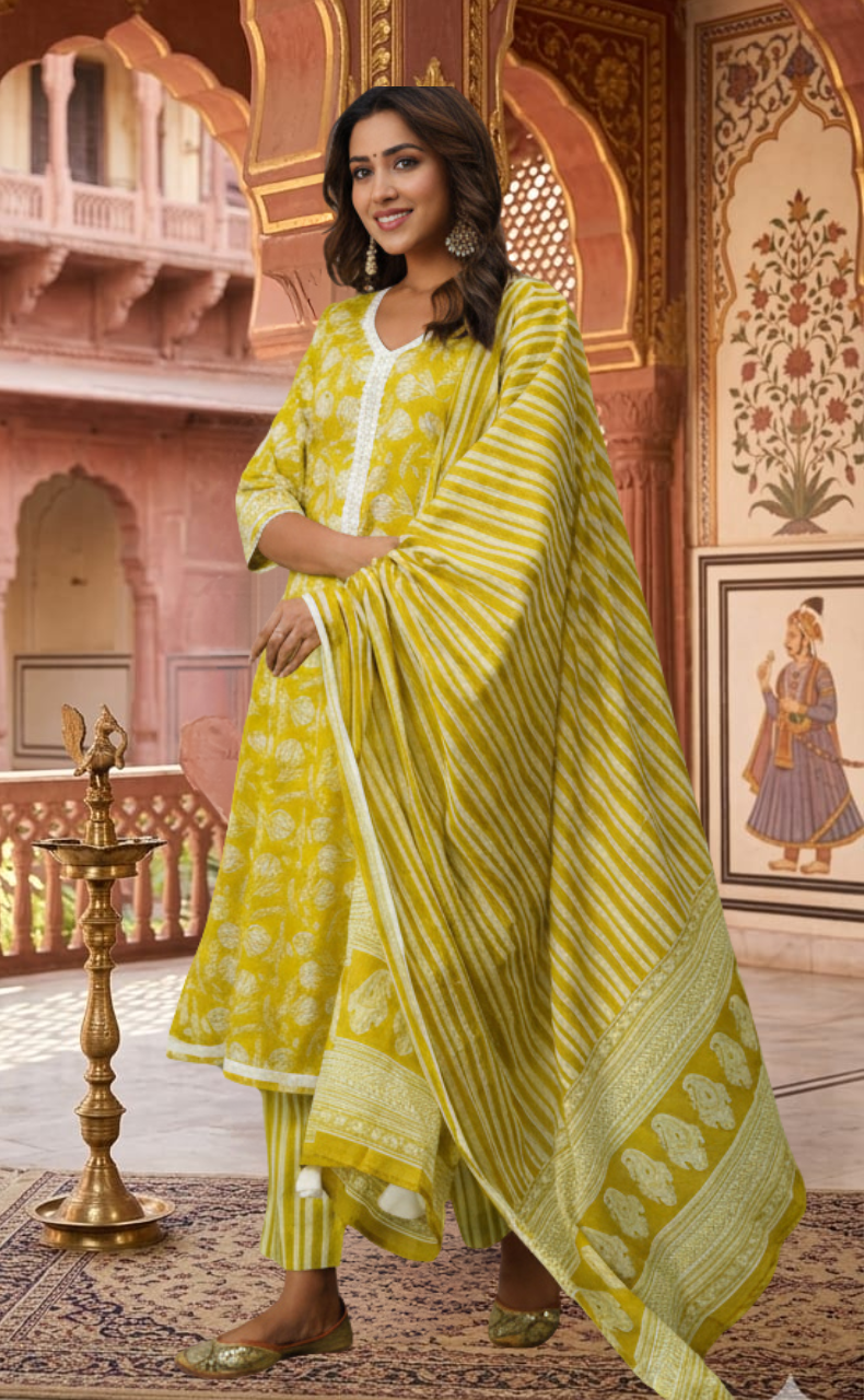 Lime Yellow Floral Jaipur Cotton Kurti With Pant And Dupatta Set.Pure Versatile Cotton. | Laces and Frills - Laces and Frills