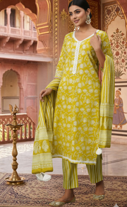 Lime Yellow Floral Jaipur Cotton Kurti With Pant And Dupatta Set.Pure Versatile Cotton. | Laces and Frills - Laces and Frills