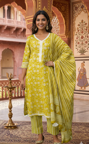 Lime Yellow Floral Jaipur Cotton Kurti With Pant And Dupatta Set.Pure Versatile Cotton. | Laces and Frills - Laces and Frills