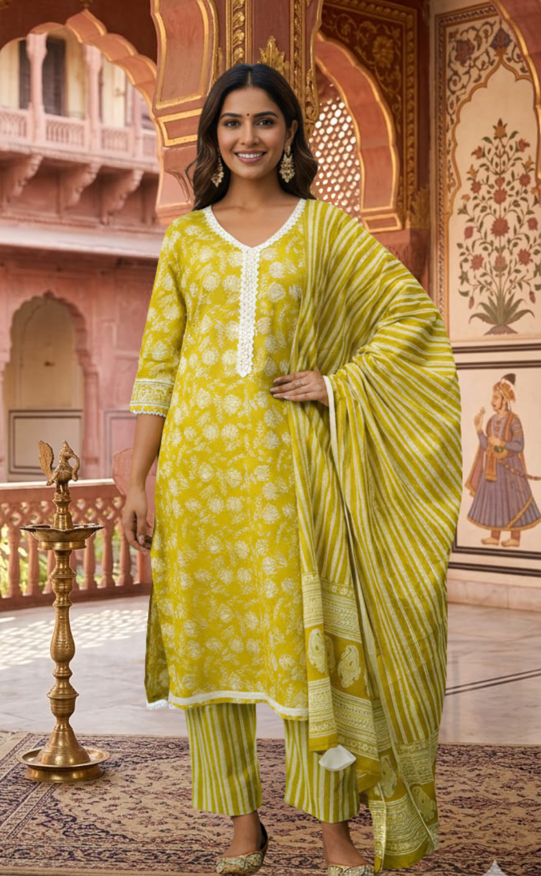 Lime Yellow Floral Jaipur Cotton Kurti With Pant And Dupatta Set.Pure Versatile Cotton. | Laces and Frills - Laces and Frills