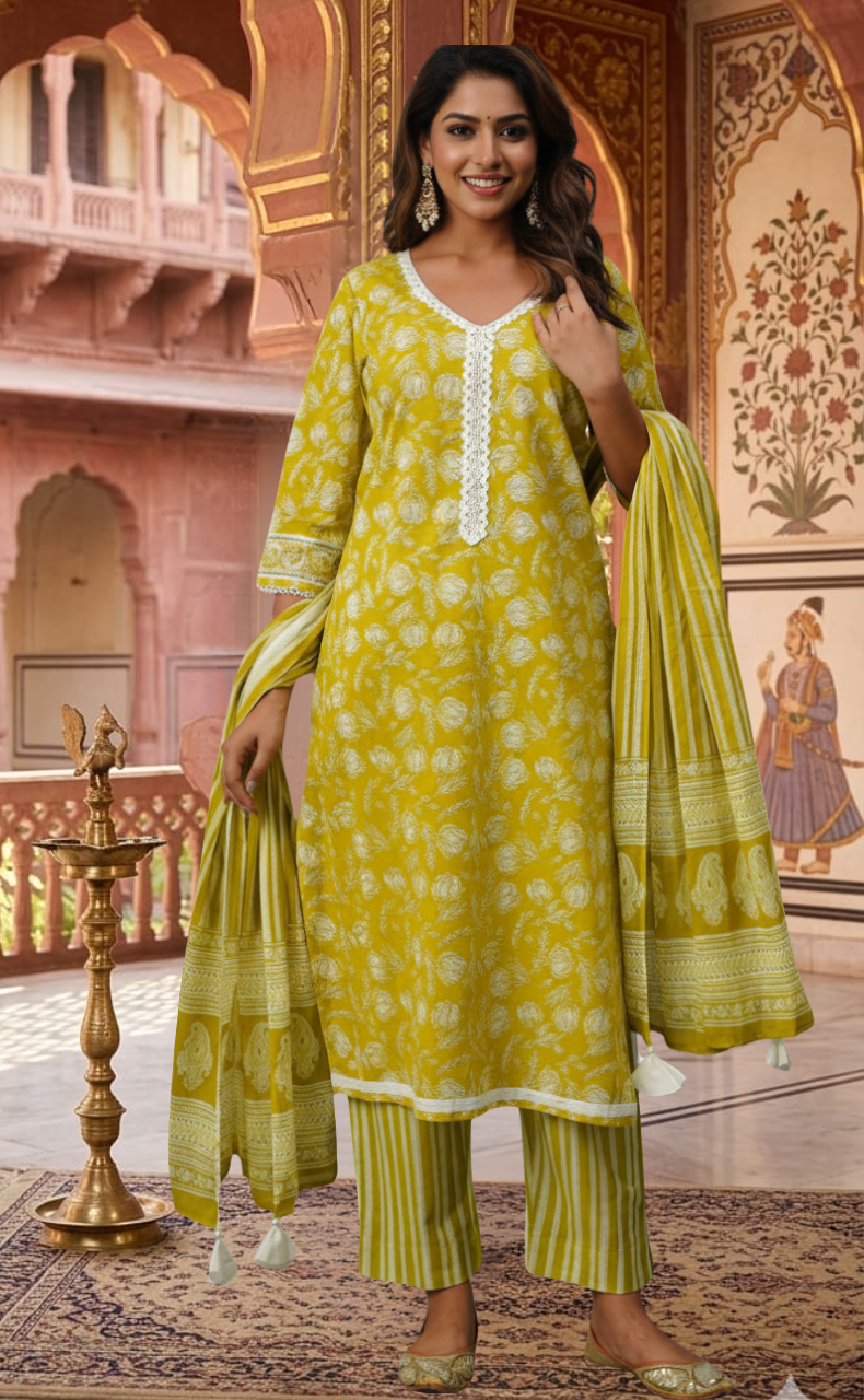 Lime Yellow Floral Jaipur Cotton Kurti With Pant And Dupatta Set.Pure Versatile Cotton. | Laces and Frills - Laces and Frills