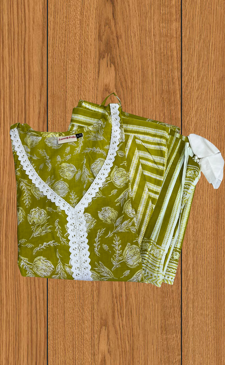 Lime Yellow Floral Jaipur Cotton Kurti With Pant And Dupatta Set.Pure Versatile Cotton. | Laces and Frills - Laces and Frills