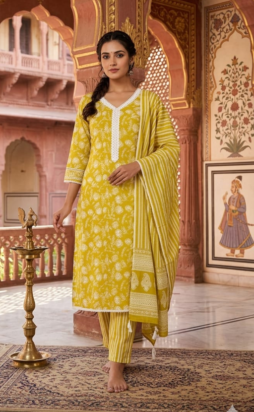 Lime Yellow Floral Jaipur Cotton Kurti With Pant And Dupatta Set.Pure Versatile Cotton. | Laces and Frills - Laces and Frills