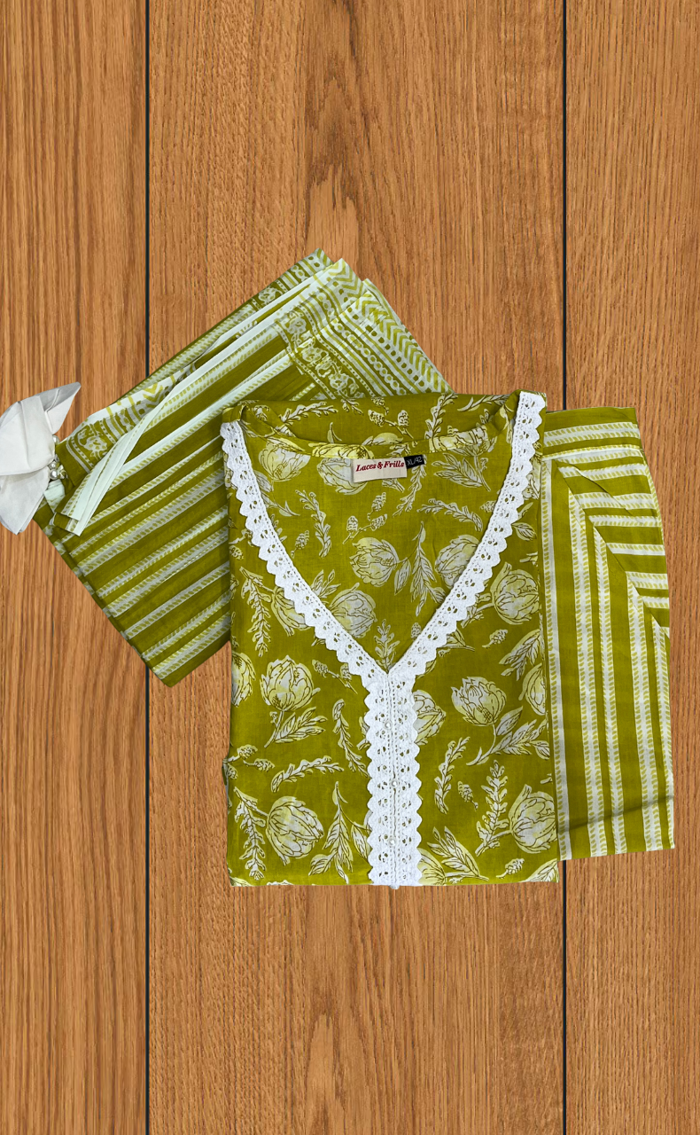 Lime Yellow Floral Jaipur Cotton Kurti With Pant And Dupatta Set.Pure Versatile Cotton. | Laces and Frills - Laces and Frills