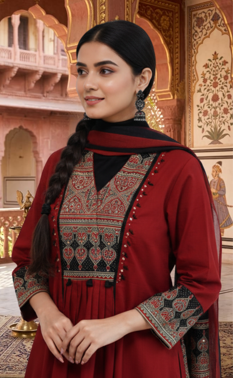 Maroon Ajrakh Jaipur Cotton Kurti With Pant And Dupatta Set. Pure Versatile Cotton. | Laces and Frills - Laces and Frills