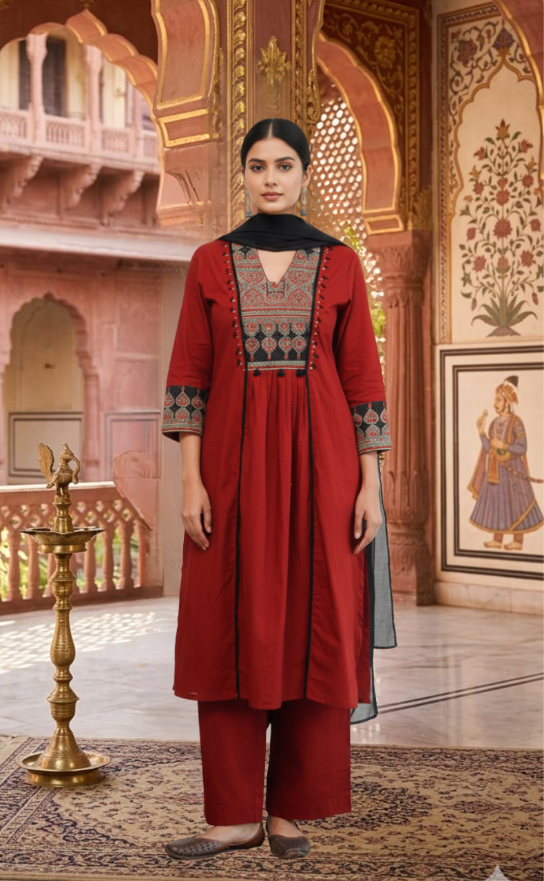 Maroon Ajrakh Jaipur Cotton Kurti With Pant And Dupatta Set. Pure Versatile Cotton. | Laces and Frills - Laces and Frills
