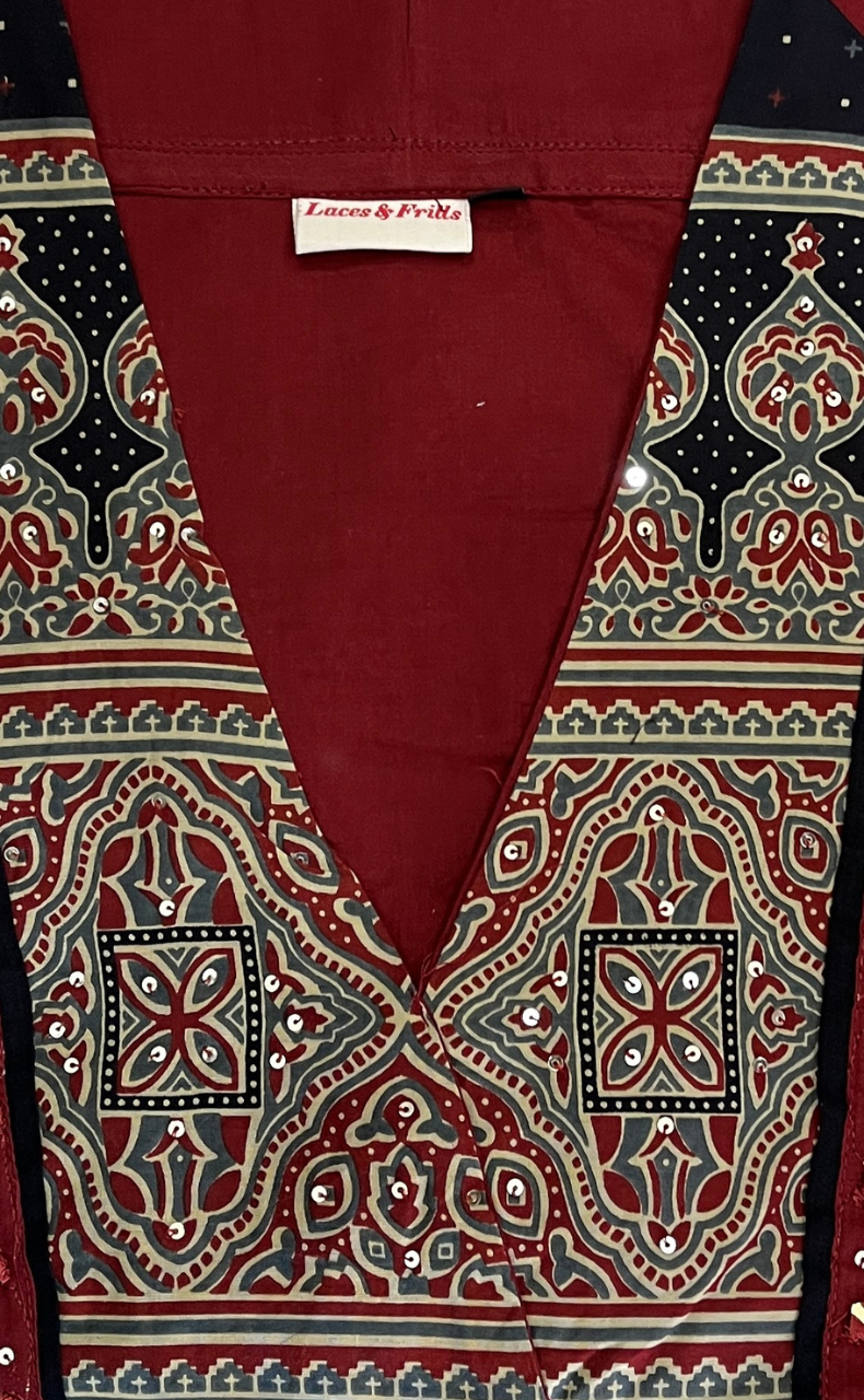 Maroon Ajrakh Jaipur Cotton Kurti With Pant And Dupatta Set. Pure Versatile Cotton. | Laces and Frills - Laces and Frills