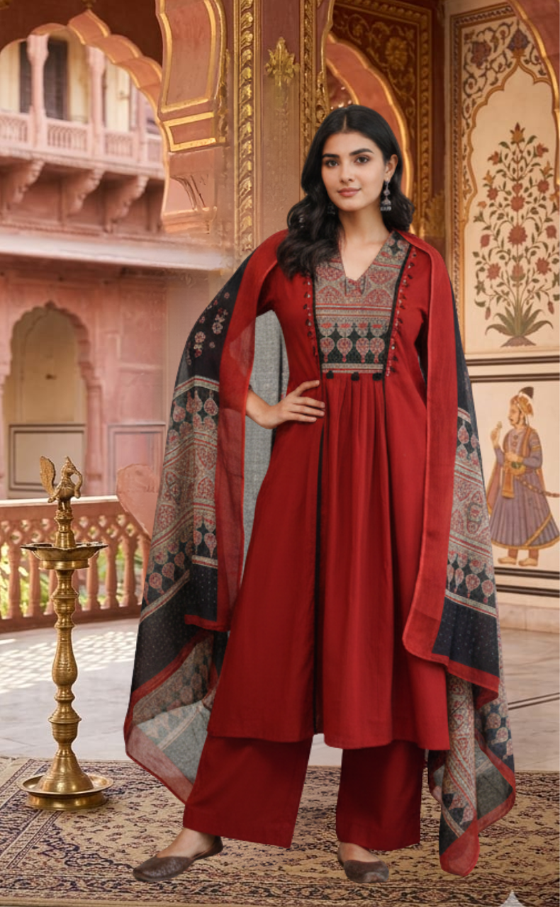 Maroon Ajrakh Jaipur Cotton Kurti With Pant And Dupatta Set. Pure Versatile Cotton. | Laces and Frills - Laces and Frills