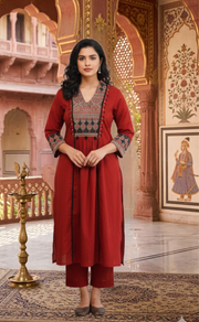 Maroon Ajrakh Jaipur Cotton Kurti With Pant And Dupatta Set. Pure Versatile Cotton. | Laces and Frills - Laces and Frills