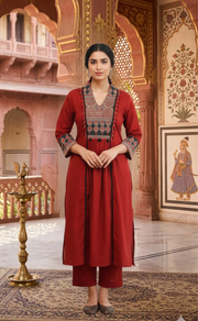 Maroon Ajrakh Jaipur Cotton Kurti With Pant And Dupatta Set. Pure Versatile Cotton. | Laces and Frills - Laces and Frills