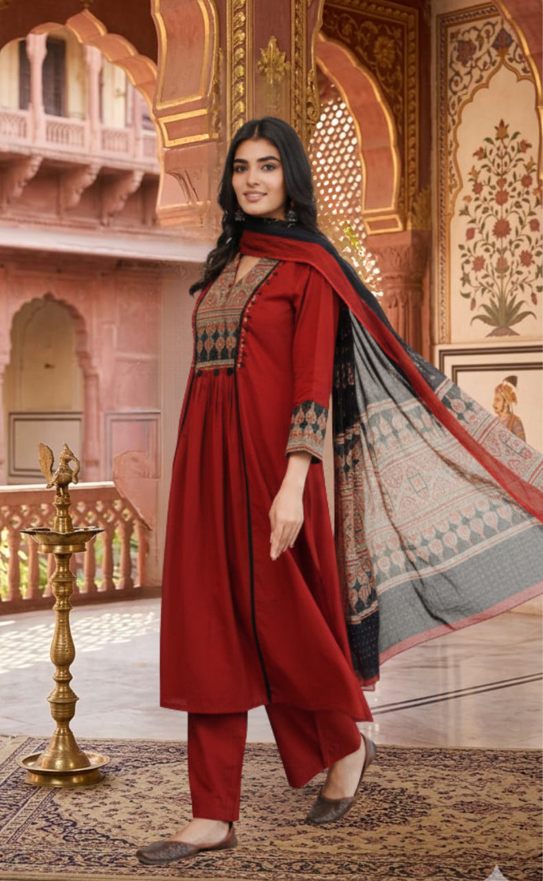 Maroon Ajrakh Jaipur Cotton Kurti With Pant And Dupatta Set. Pure Versatile Cotton. | Laces and Frills - Laces and Frills