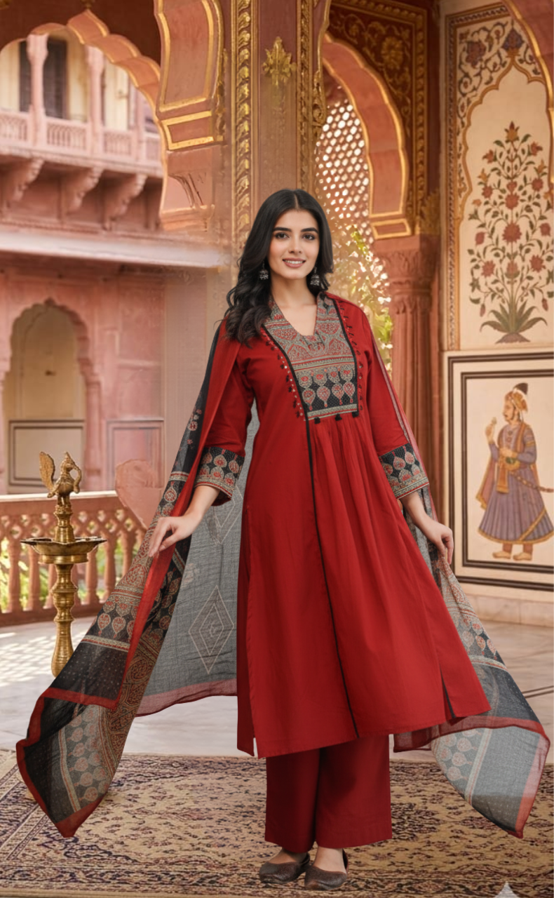Maroon Ajrakh Jaipur Cotton Kurti With Pant And Dupatta Set. Pure Versatile Cotton. | Laces and Frills - Laces and Frills