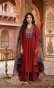 Maroon Ajrakh Jaipur Cotton Kurti With Pant And Dupatta Set. Pure Versatile Cotton. | Laces and Frills - Laces and Frills