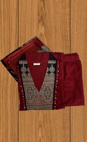 Maroon Ajrakh Jaipur Cotton Kurti With Pant And Dupatta Set. Pure Versatile Cotton. | Laces and Frills - Laces and Frills