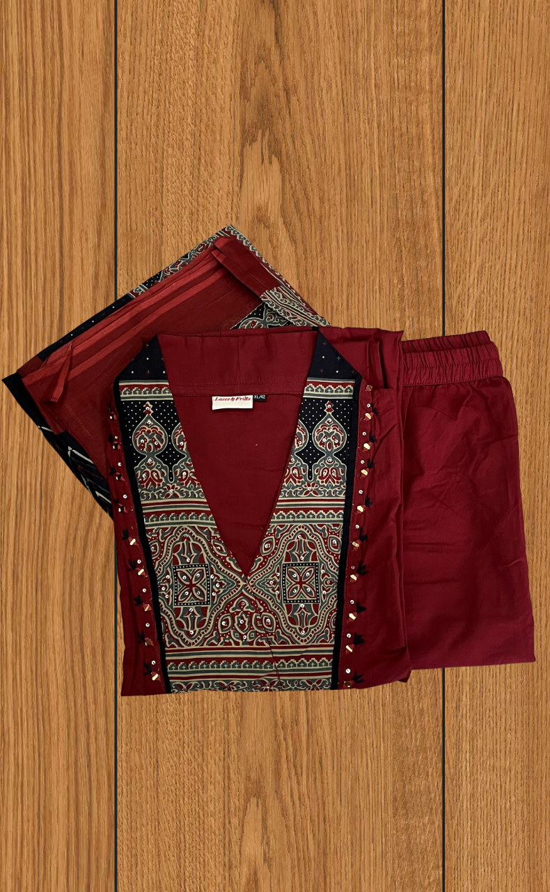 Maroon Ajrakh Jaipur Cotton Kurti With Pant And Dupatta Set. Pure Versatile Cotton. | Laces and Frills - Laces and Frills