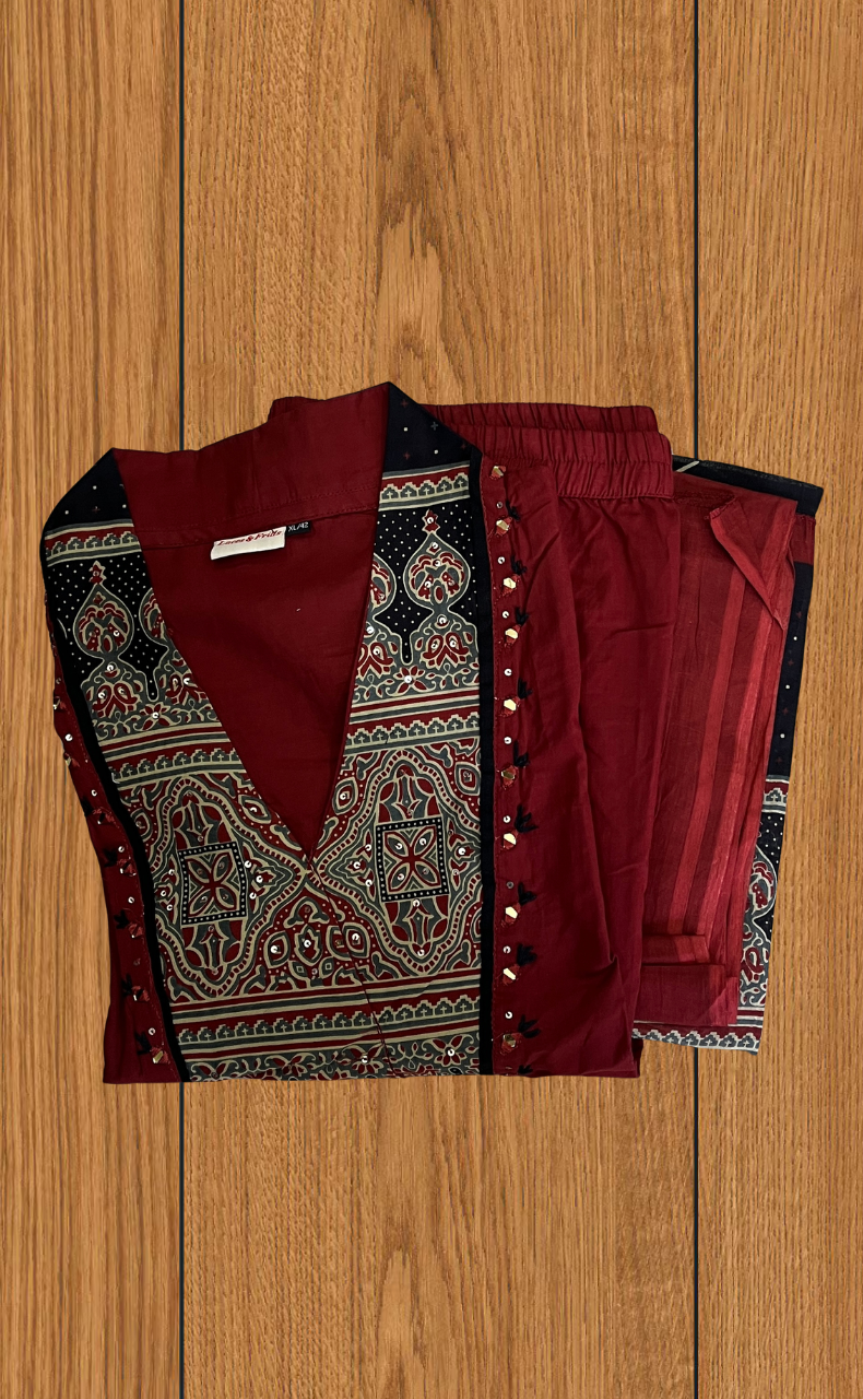 Maroon Ajrakh Jaipur Cotton Kurti With Pant And Dupatta Set. Pure Versatile Cotton. | Laces and Frills - Laces and Frills