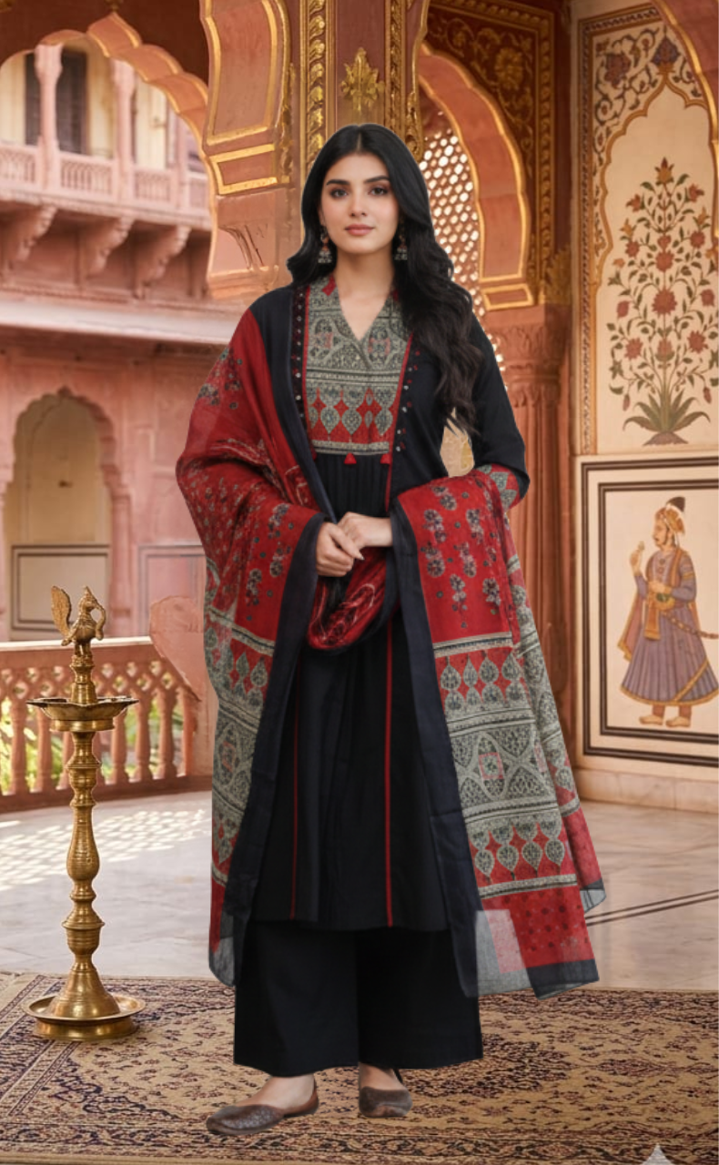 Black Ajrakh Jaipur Cotton Kurti With Pant And Dupatta Set. Pure Versatile Cotton. | Laces and Frills - Laces and Frills